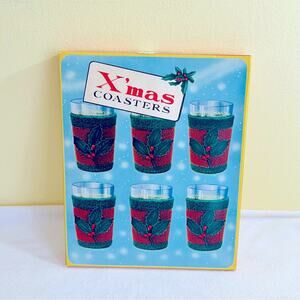 Vintage 60’s Knit Terrycloth Holly Christmas Koozies Glasses Japan
